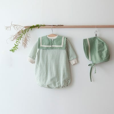 LEMONADE28｜(55cm-85cm) 2色條紋棉質包屁衣含帽子圍兜18