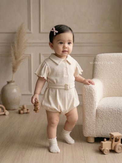 Mon petit07｜(66-90cm) 有領捲邊腰帶包屁衣3