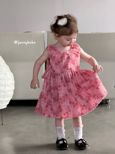 JE726｜(80-130cm) 粉嫩玫瑰花綁帶蓬蓬洋裝13