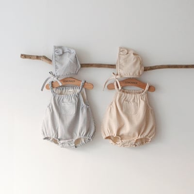 LEMONADE01｜(55cm-85cm) 2色格紋肩帶包屁衣含小熊帽子1