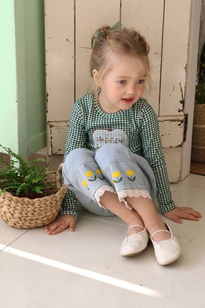 FLO46｜(75-140) 3色格紋蘋果花布荷葉邊上衣4