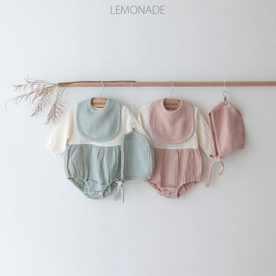 LEMONADE26｜(55cm-85cm) 2色撞色拼接包屁衣含帽子圍兜24