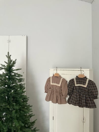 MONBEBE27｜(3m-24m) 格紋荷葉立領洋裝包屁衣3