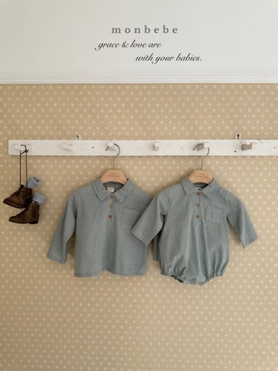 MONBEBE16｜(3m-24m) 細格紋有領包屁衣13