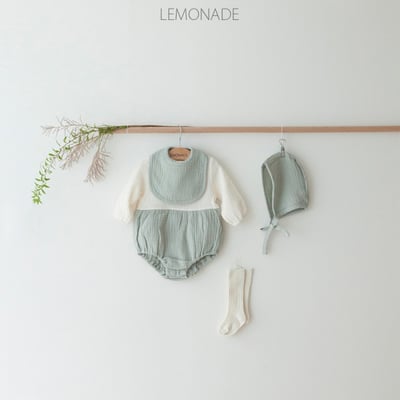 LEMONADE26｜(55cm-85cm) 2色撞色拼接包屁衣含帽子圍兜6