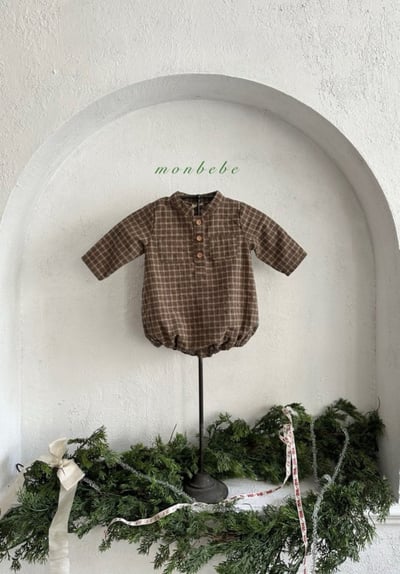 MONBEBE54｜(3m-12m) 立領格紋包屁衣3