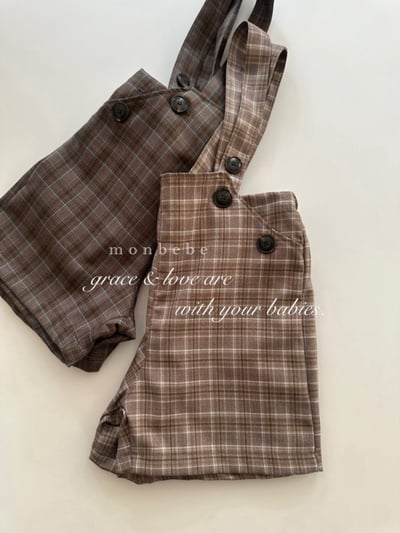 MONBEBE32｜(1y-8y) 排釦格紋吊帶褲5