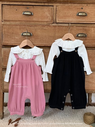 JE566｜(73-100cm) 百搭荷葉領上衣/棉紗吊帶褲1