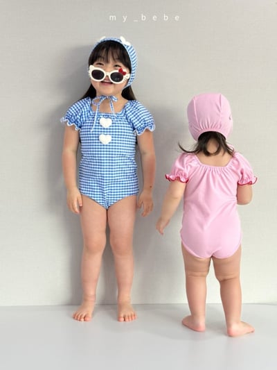 my_bebe03｜(75-105cm) 荷葉抓皺愛心泳衣含泳帽8