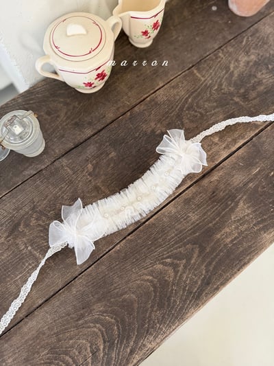 Marron41｜(Free) 緞帶蕾絲珍珠髮帶4