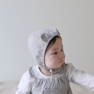 LEMONADE01｜(55cm-85cm) 2色格紋肩帶包屁衣含小熊帽子11