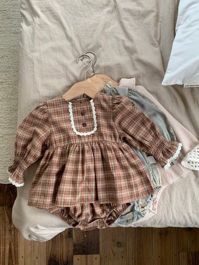 JE624｜(73cm-100cm) 復古格紋喇叭袖包屁衣11