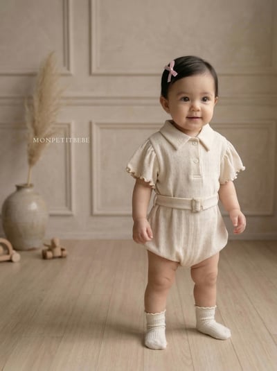 Mon petit07｜(66-90cm) 有領捲邊腰帶包屁衣6