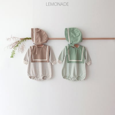 LEMONADE28｜(55cm-85cm) 2色條紋棉質包屁衣含帽子圍兜17