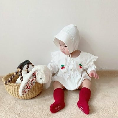 LEMONADE39｜(55cm-85cm) 1色櫻桃蕾絲花邊翻領包屁衣含帽子3