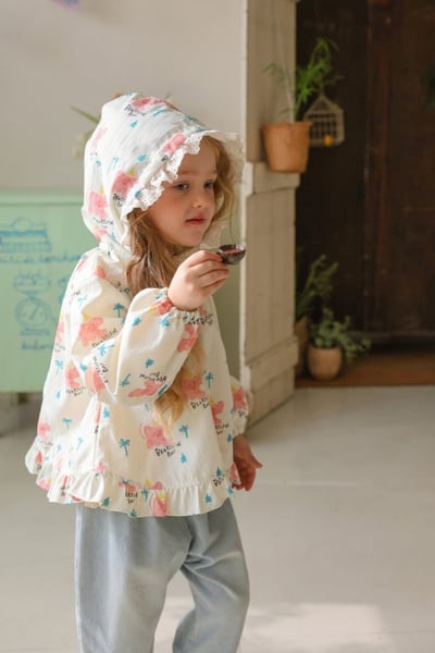 FLO49｜(75-140) 2色田園碎花蕾絲花邊連帽外套1