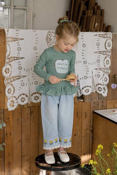 FLO46｜(75-140) 3色格紋蘋果花布荷葉邊上衣5