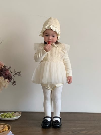 JE021｜(66cm-90cm) 蕾絲花紋薄紗包屁衣含帽子2