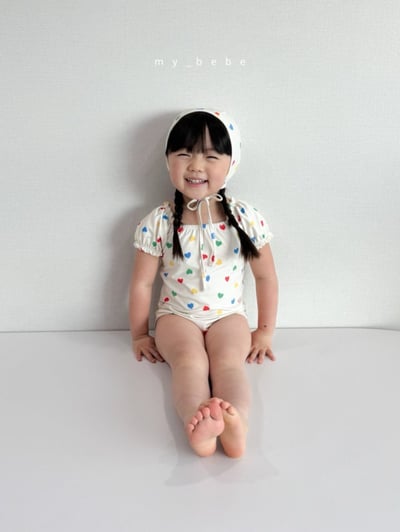 my_bebe02｜(75-105cm) 抓皺小花愛心泳衣含泳帽15