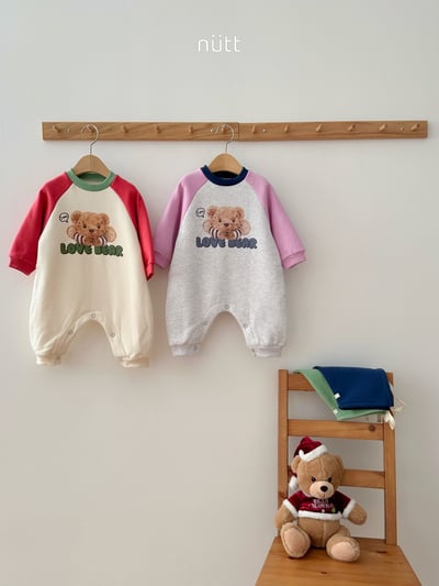 Nutt01｜(3m-16m) 小熊印花撞色休閒連身衣含帽子3