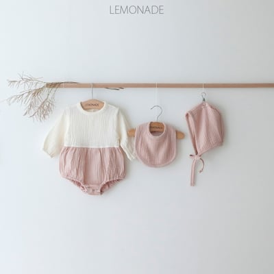 LEMONADE26｜(55cm-85cm) 2色撞色拼接包屁衣含帽子圍兜18