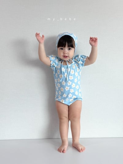 my_bebe02｜(75-105cm) 抓皺小花愛心泳衣含泳帽5