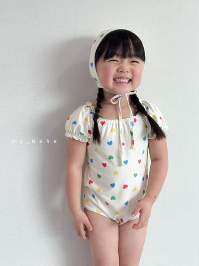 my_bebe02｜(75-105cm) 抓皺小花愛心泳衣含泳帽19