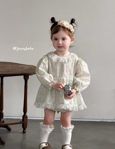 JE727｜(66-90cm) 翠綠碎花蕾絲洋裝包屁衣11