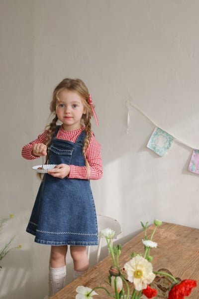 FLO46｜(75-140) 3色格紋蘋果花布荷葉邊上衣21