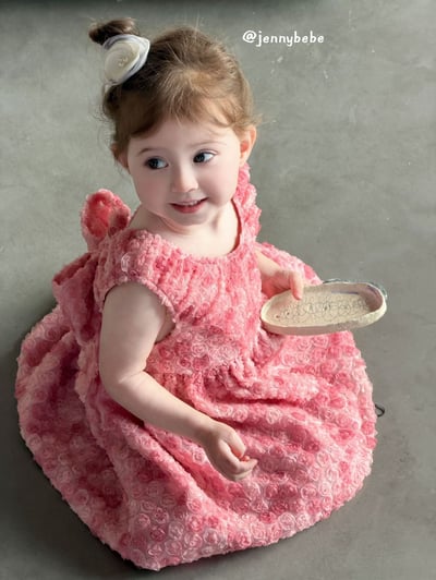 JE726｜(80-130cm) 粉嫩玫瑰花綁帶蓬蓬洋裝10