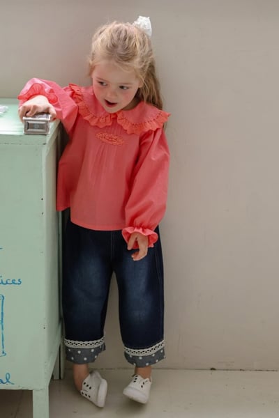 FLO14｜(75-140) 2色蕾絲波點反摺牛仔褲14