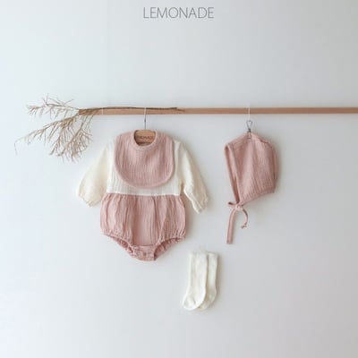 LEMONADE26｜(55cm-85cm) 2色撞色拼接包屁衣含帽子圍兜17