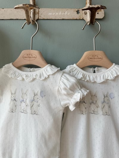 MONBEBE01｜(3m-24m) 荷葉邊兔子鏤空包屁衣4