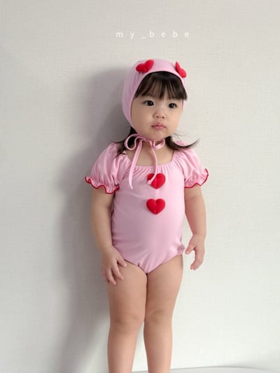 my_bebe03｜(75-105cm) 荷葉抓皺愛心泳衣含泳帽15