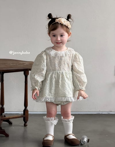 JE727｜(66-90cm) 翠綠碎花蕾絲洋裝包屁衣9