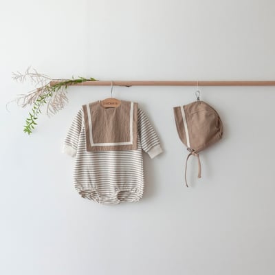 LEMONADE28｜(55cm-85cm) 2色條紋棉質包屁衣含帽子圍兜11