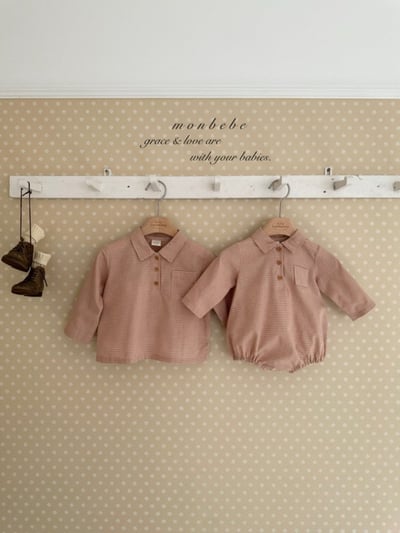 MONBEBE16｜(3m-24m) 細格紋有領包屁衣4