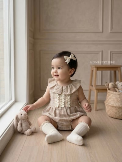 Mon petit09｜(66-90cm) 法式格紋蕾絲花邊包屁衣3