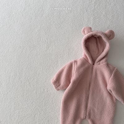 Lindo15｜(3m-18m) 草莓牛奶小熊連帽拉線連身衣4