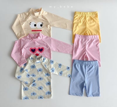 my_bebe05｜(75-105cm) 格紋長袖泳衣/花邊泳帽3