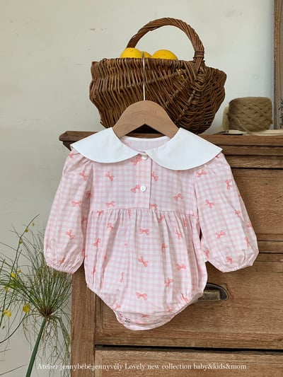 JE525｜(66-90cm) 粉嫩蝴蝶結格紋包屁衣1