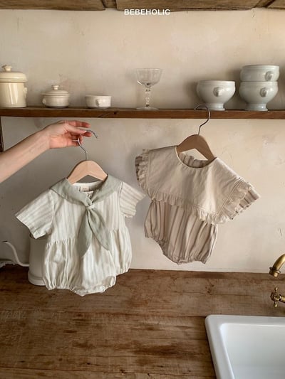 Bebe holic20｜(3m-18m) 翻領條紋連身服4