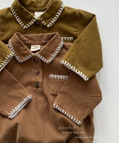 MONBEBE03｜(3m-24m) 冬季縫線滾邊有領包屁衣3