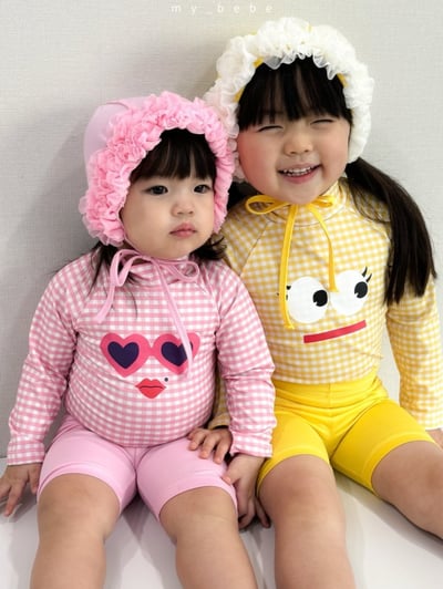 my_bebe05｜(75-105cm) 格紋長袖泳衣/花邊泳帽2