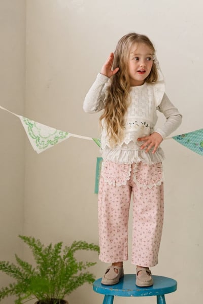 FLO52｜(75-140) 2色碎花蕾絲口袋直筒褲1