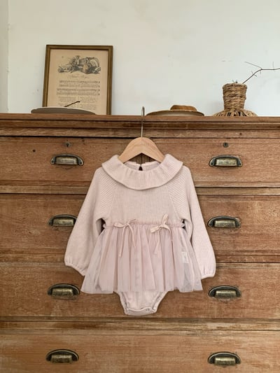 JE617｜(73cm-110cm) 翻領蝴蝶結薄紗包屁衣/羊羔毛背心3