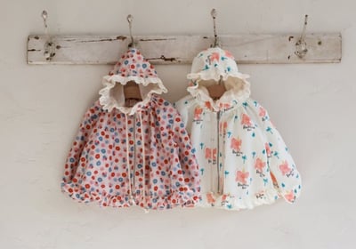 FLO49｜(75-140) 2色田園碎花蕾絲花邊連帽外套23