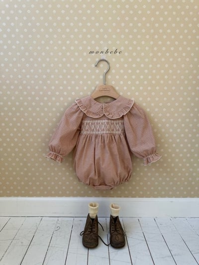 MONBEBE18｜(3m-24m) 細格紋荷葉領包屁衣3