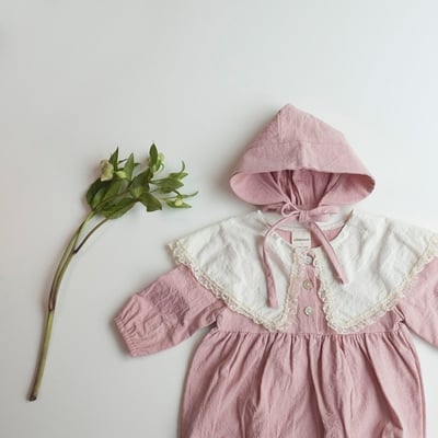 LEMONADE43｜(55cm-85cm) 3色蕾絲花邊翻領包屁衣含帽子8