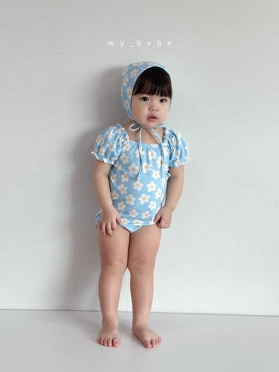my_bebe02｜(75-105cm) 抓皺小花愛心泳衣含泳帽11